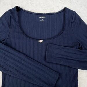 Hollister Girls Navy Ribbed Long Sleeve Scoop Neck Rosette Top Size M Long